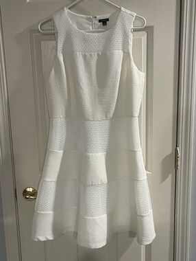 NWT Ann Taylor Women White Mesh Stripe Sleeveless Swing Knee Length Dress Size 8